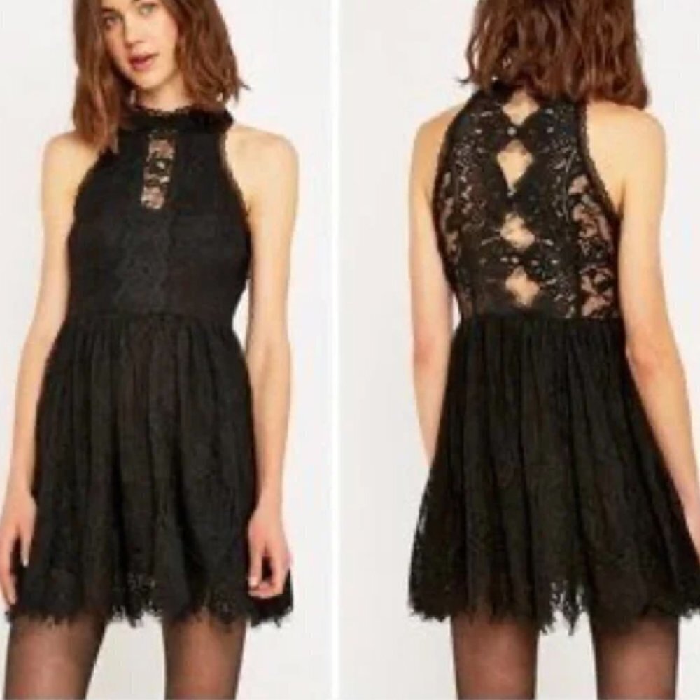Free People Size 2 Black Verushka Halter Neck Sleeveless Lace Mini Short Dress